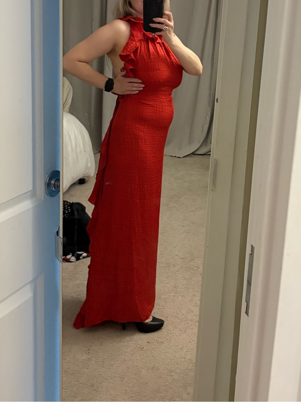 Red Ruffle Halter Evening Dress - Picture 4 of 5